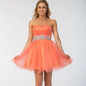 RUFFLED SHORT STRAPLESS DRESS WITH BEADED WAIST BY STAR BOX 598 (CORAL)